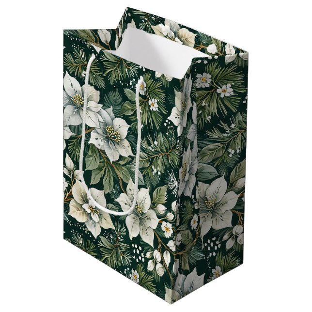 White Azaleas and Evergreens Holiday Medium Gift Bag (Front Angled)