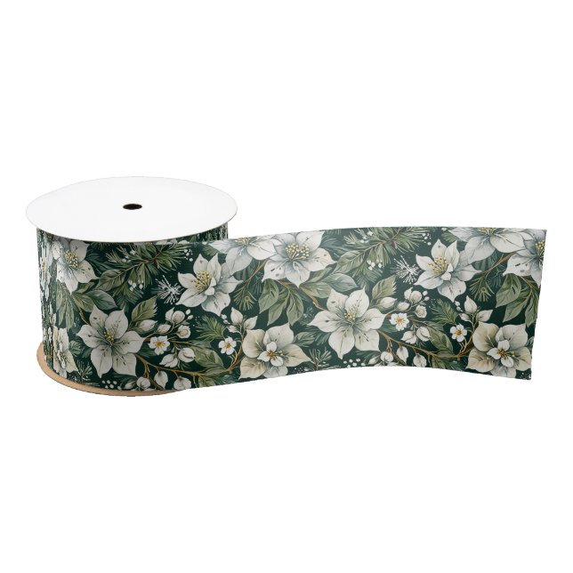 White Azaleas and Evergreens Holiday Satin Ribbon (Spool)
