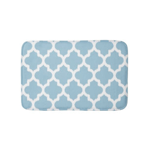 White & Baby Blue Ikat Quatrefoil Pattern Bath Mat