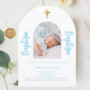 White baby blue photo arch script boy Baptism Invitation