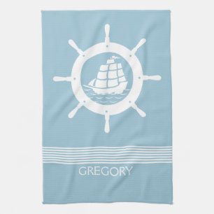 White & Baby Blue Stripes And Nautical Boat Wheel Tea Towel