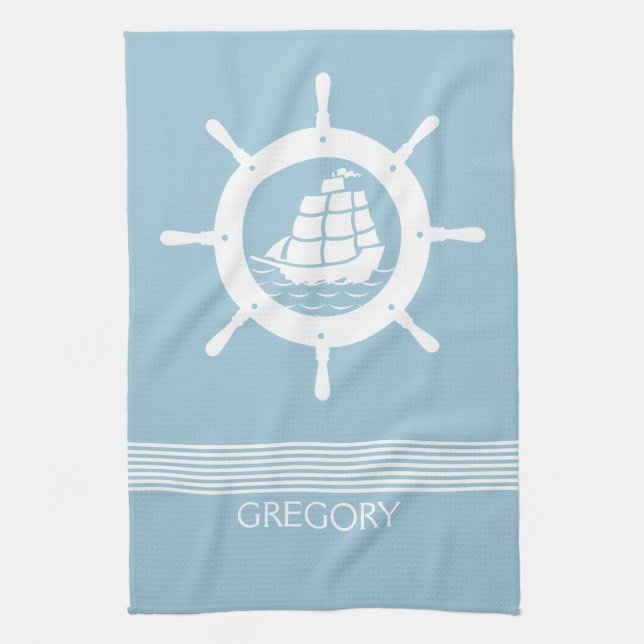 White & Baby Blue Stripes And Nautical Boat Wheel Tea Towel (Vertical)