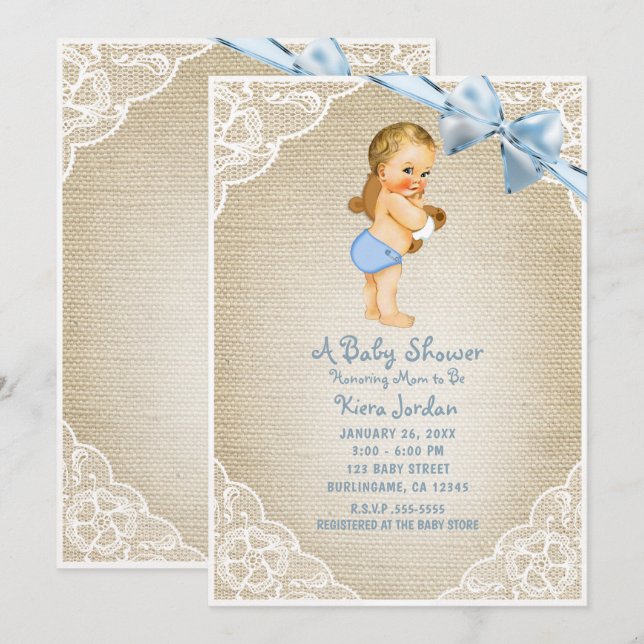 White Baby Boy Bear & Blue Bow Burlap Baby Shower Invitation (Front/Back)