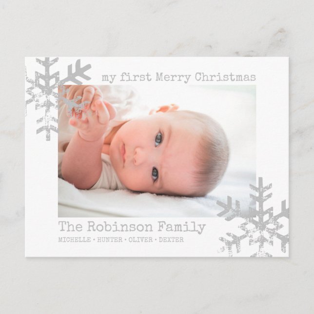 White Baby First Christmas Photo Snowflakes Holiday Postcard (Front)