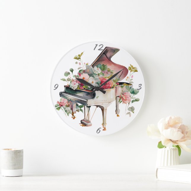 White Baby Grand Piano Watercolor Large Clock (Home)