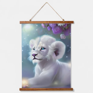 White Baby Lion Cub Fantasy Hanging Tapestry