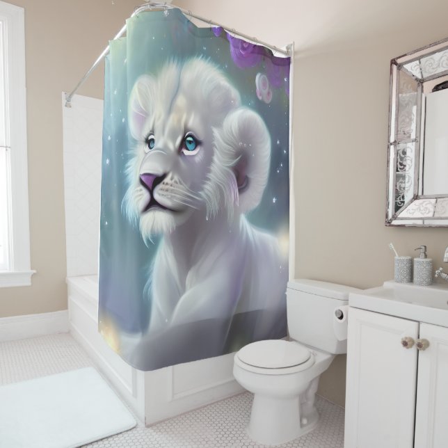 White Baby Lion Cub Fantasy Shower Curtain (In Situ)