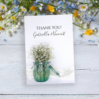 White Babys Breath Blue Jar Wedding Thank You Note Card