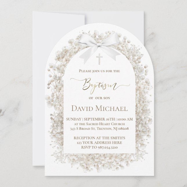  white baby's breath flowers Baptism Invitation (Front)