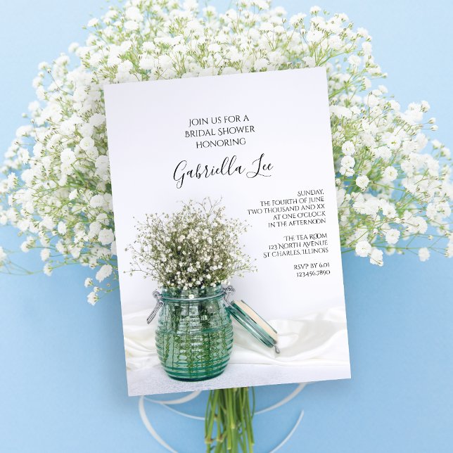 White Babys Breath Flowers Blue Vase Bridal Shower Invitation (Creator Uploaded)