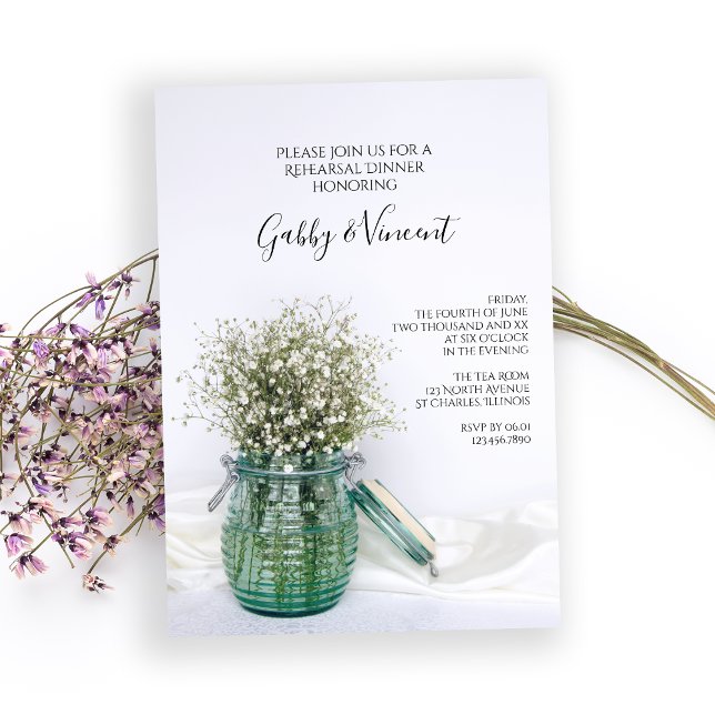White Babys Breath in Blue Jar Rehearsal Dinner Invitation (Creator Uploaded)
