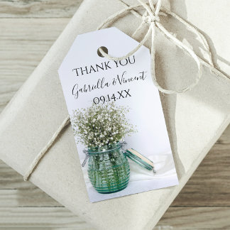 White Babys Breath in Blue Jar Wedding Favour Tags