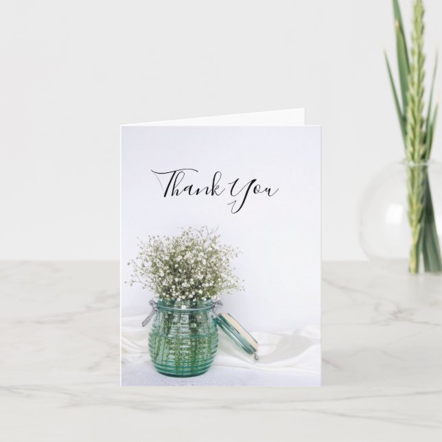 White Babys Breath in Blue Jar Wedding Thank You (Front)