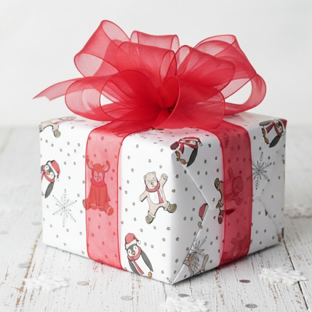 White Babys First Christmas Winter Animals Wrapping Paper (Cute Winter Stuffed Animals, Snowflakes, Polka Dots Pattern Gender Neutral Xmas Gift Wrap for Kids)