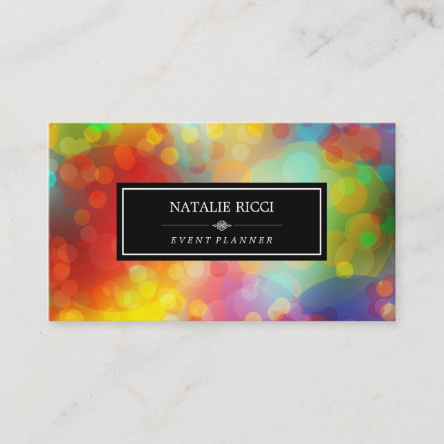 White Back Colourful Bokeh Event Planner Business Card (Front)