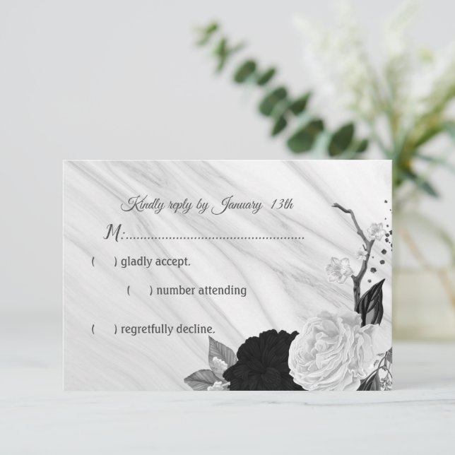 white & back flowers marble RSVP card (Standing Front)