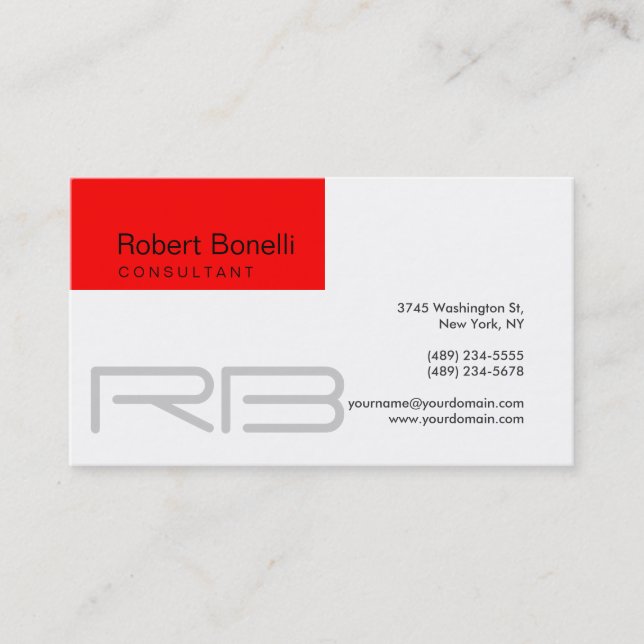White Back Red Stripe Monogram Business Card (Front)