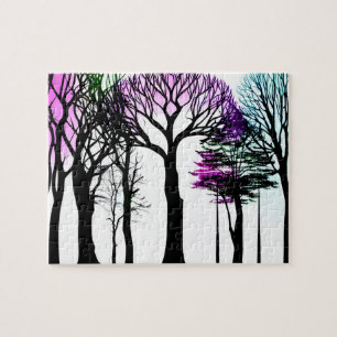 White Background Black Trees Purple Blue and Green Jigsaw Puzzle