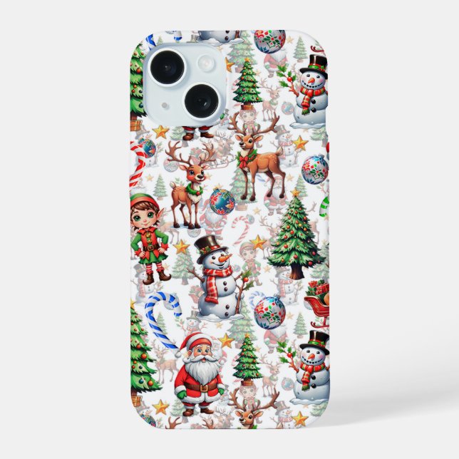 White Background Christmas Decorative Pattern iPhone 15 Case (Back)