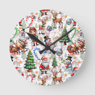 White Background Christmas Decorative Pattern Round Clock