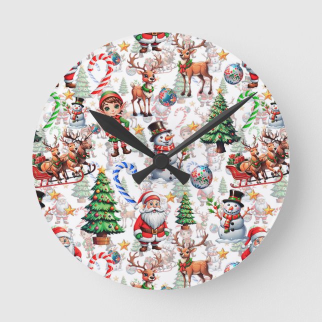 White Background Christmas Decorative Pattern Round Clock (Front)