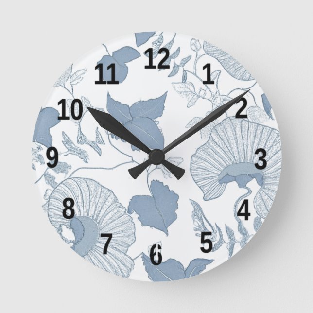 White Background Delicate Blue Japanese Flowers  Round Clock (Front)