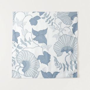 White Background Delicate Blue Japanese Flowers Tapestry