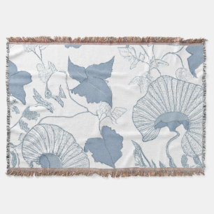 White Background Delicate Blue Japanese Flowers Throw Blanket