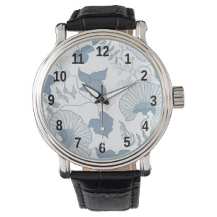 White Background Delicate Blue Japanese Flowers Watch
