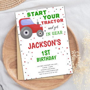 White background Tractor Birthday Invitations