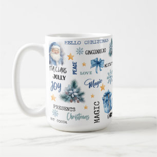 White Background with Blue Santa & Gifts Coffee Mug