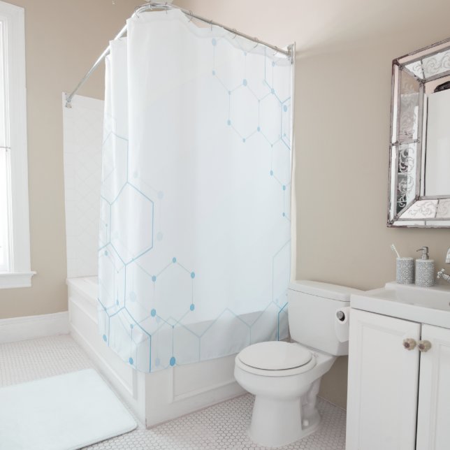 White Background With Blue Tech Hexagon Shower Curtain (In Situ)