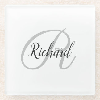 White Background With Monogram Glass Coaster