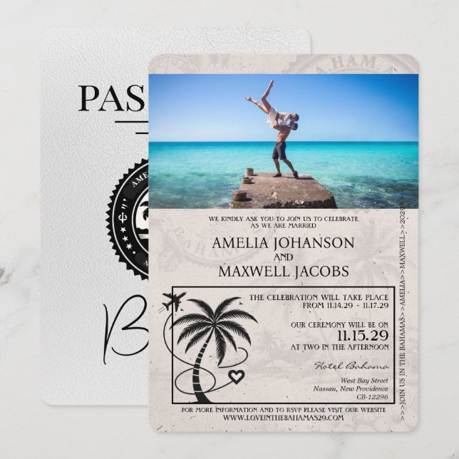 White Bahamas Passport Wedding Invitation (Front/Back)