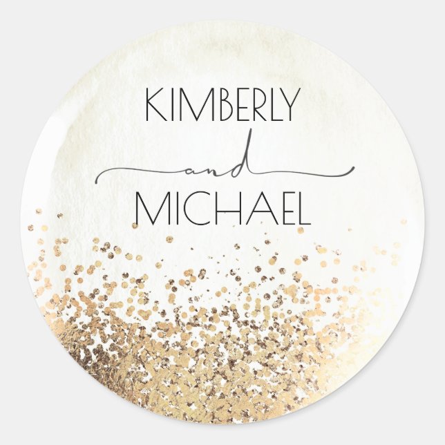 White Balloon and Gold Glitters Wedding Classic Round Sticker (Front)