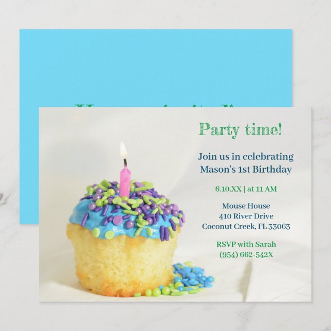White Balloon blue cupcake Birthday Invitation (Front/Back)
