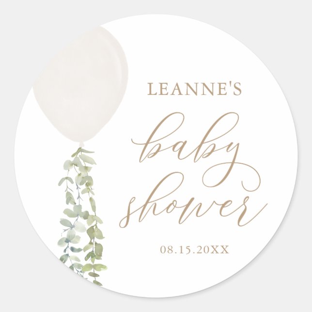 White Balloon Eucalyptus Baby Shower Classic Round Sticker (Front)