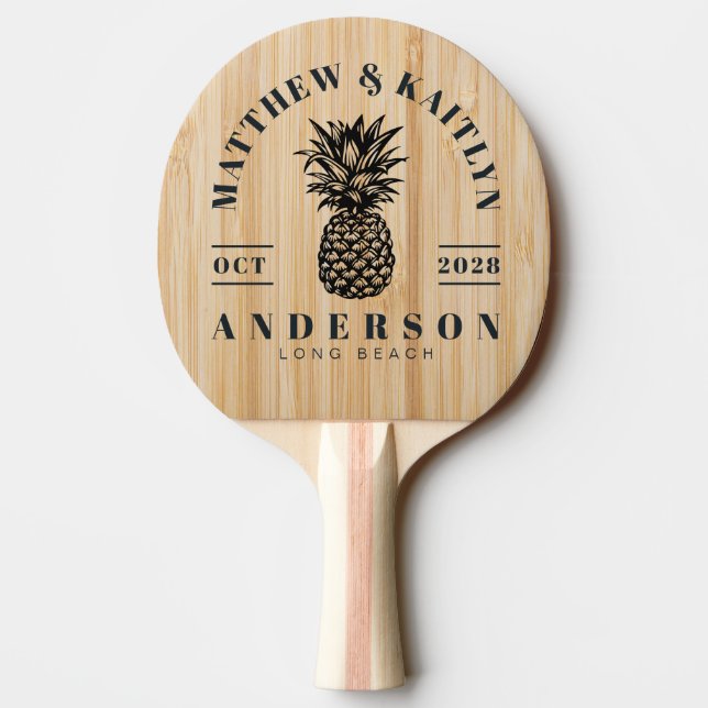 White Bamboo Tropical Pineapple Wedding Crest Ping Pong Paddle (Back)