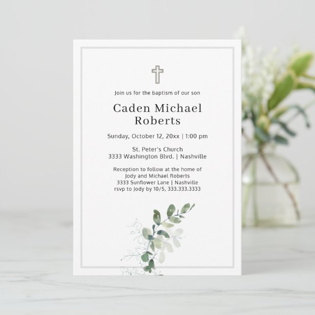 White Baptism Greenery Cross Invitation (Standing Front)