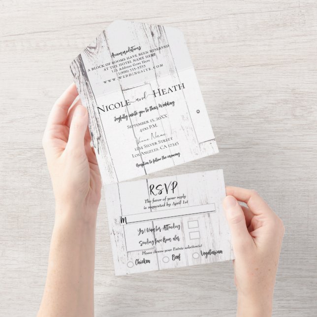 White Barn Wood Farmhouse Barn Wedding      All In One Invitation (Tearaway)