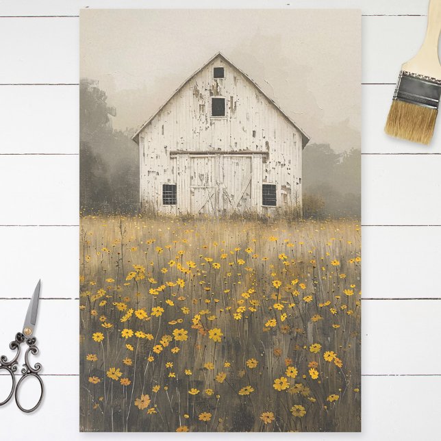 White Barn Yellow Wildflowers Rustic Decoupage Tissue Paper (Creator Uploaded)