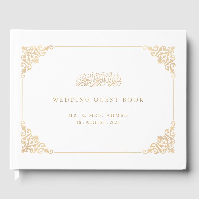 White Baroque Islamic Muslim Wedding Guest Book (Front)