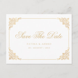 White Baroque Muslim Save The Date Announcement Postcard