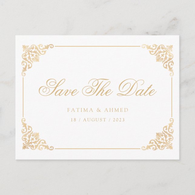 White Baroque Muslim Save The Date Announcement Postcard (Front)