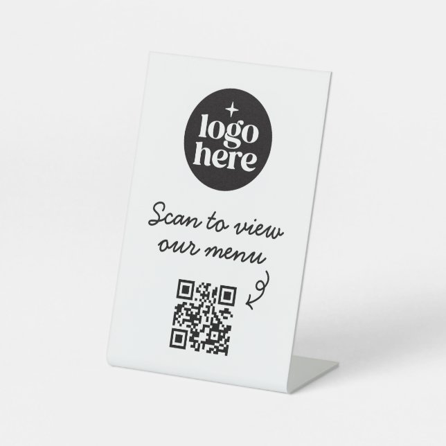 White Basic Business Logo Menu QR Code Pedestal Sign (Front)