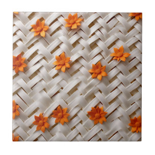 White Basketweave Texture with Orange Flowers Tile