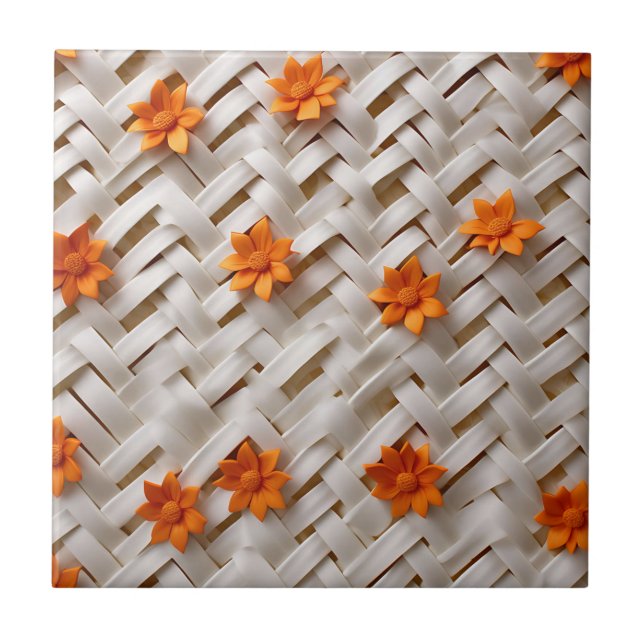 White Basketweave Texture with Orange Flowers Tile (Front)