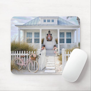 White Beach Cottage with Pink Pumpkins and Bicycle Mouse Mat