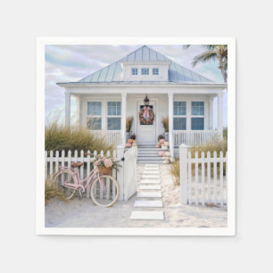 White Beach Cottage with Pink Pumpkins and Bicycle Napkin