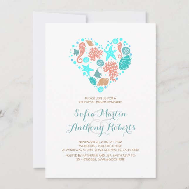 White Beach Heart Nautical Rehearsal Dinner Invitation (Front)
